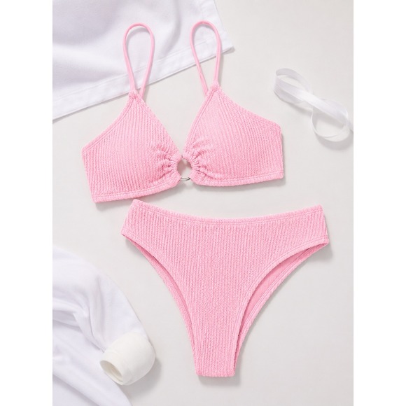 fanuerg Other - Fanuerg Women's Large Pink Ribbed Bikini Set O-Ring Textured 2 Piece Swimsuit